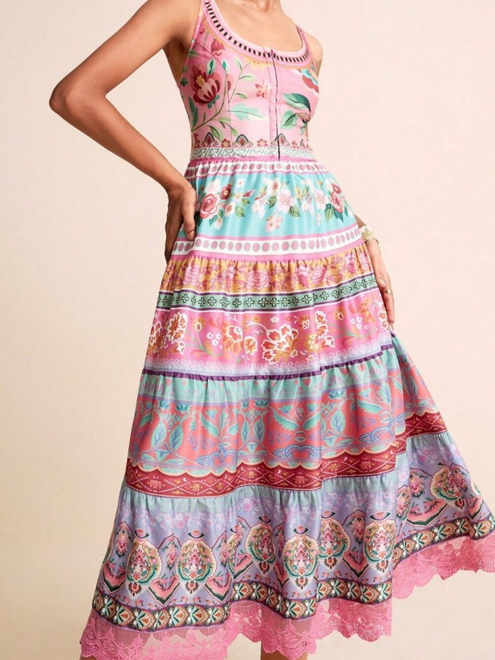 Multicolor Boho Women's Dress Floral Gradient U-Neck Sleeveless Cinched Waist - Picture 5 of 9